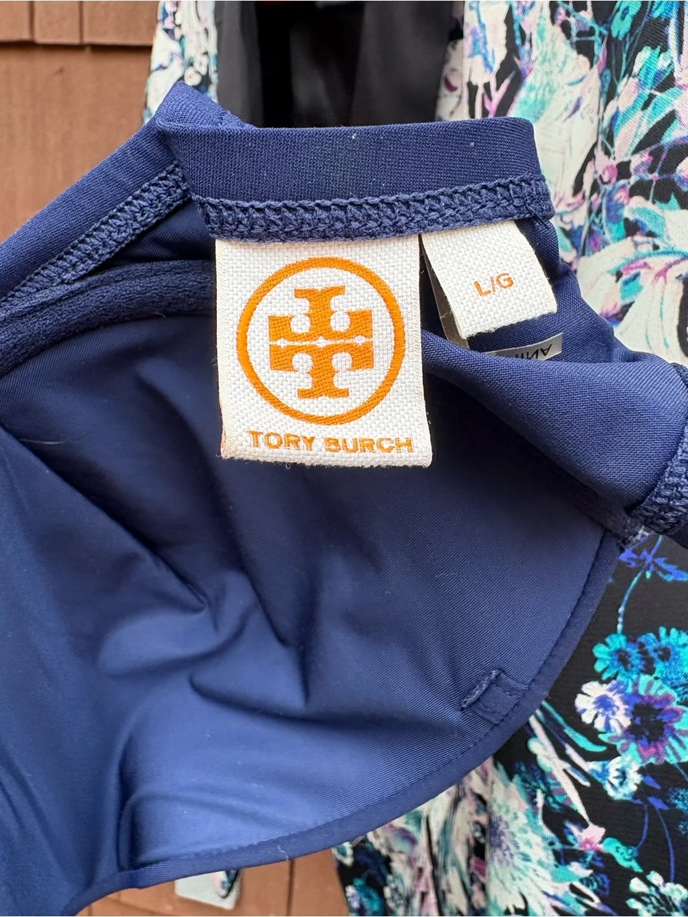 Tory Burch Strapless Navy Blue Bikini Top with White Piping large
